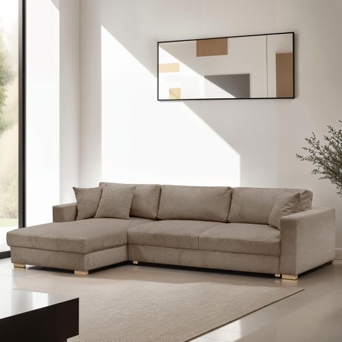 Canapé D'angle à Gauche Convertible 5 Places En Velours Côtelé Taupe - Robin