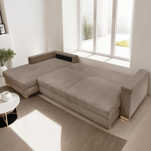 Canapé D'angle à Gauche Convertible 5 Places En Velours Côtelé Taupe - Robin