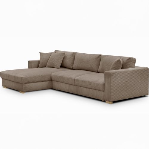 Canapé D'angle à Gauche Convertible 5 Places En Velours Côtelé Taupe - Robin
