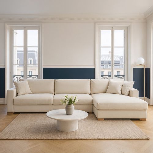 Canapé D'angle à Droite Convertible 5 Places En Tissu Chenille Beige - Robin