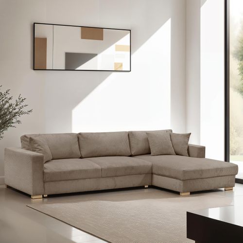 Canapé D'angle à Droite Convertible 5 Places En Velours Côtelé Taupe - Robin