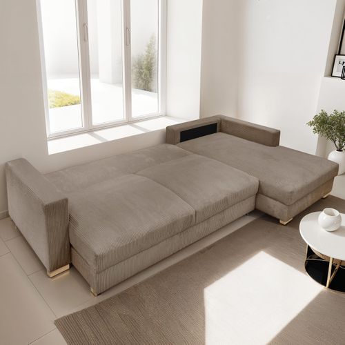 Canapé D'angle à Droite Convertible 5 Places En Velours Côtelé Taupe - Robin