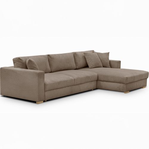 Canapé D'angle à Droite Convertible 5 Places En Velours Côtelé Taupe - Robin