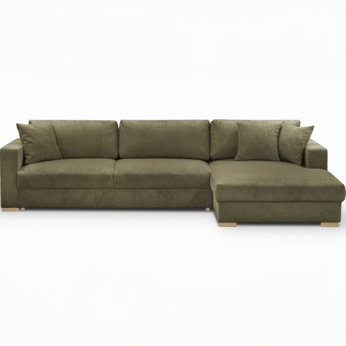 Canapé D'angle à Droite Convertible 5 Places En Velours Côtelé Vert Kaki - Robin
