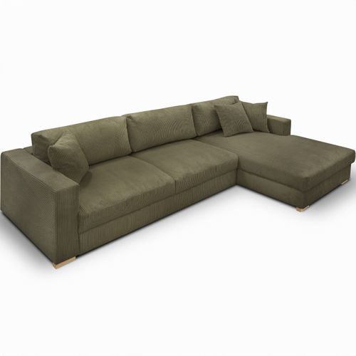 Canapé D'angle à Droite Convertible 5 Places En Velours Côtelé Vert Kaki - Robin