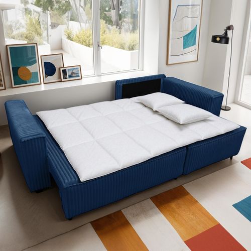 Canapé D'angle Convertible Réversible 4 Places En Velours Gros Côtelé Bleu Foncé - Livia