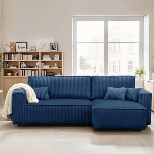 Canapé D'angle Convertible Réversible 4 Places En Velours Gros Côtelé Bleu Foncé - Livia
