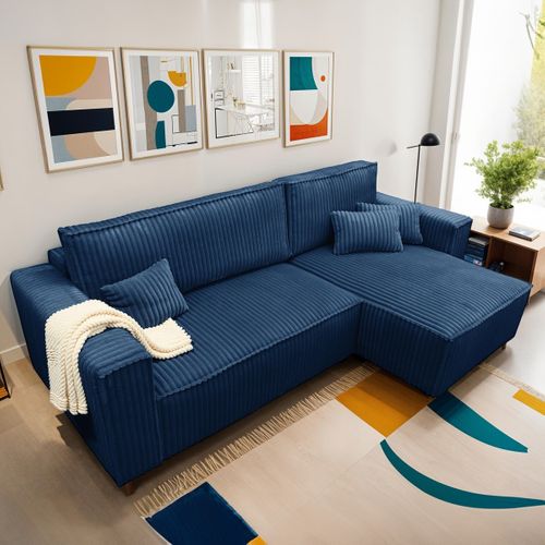 Canapé D'angle Convertible Réversible 4 Places En Velours Gros Côtelé Bleu Foncé - Livia
