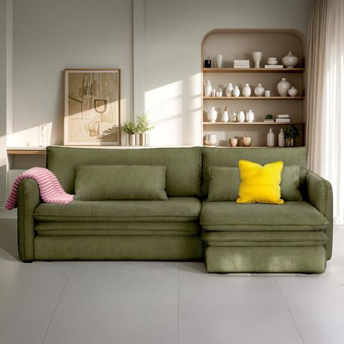 Canapé D'angle Convertible Réversible 3 Places En Velours Côtelé Vert Kaki - Baya