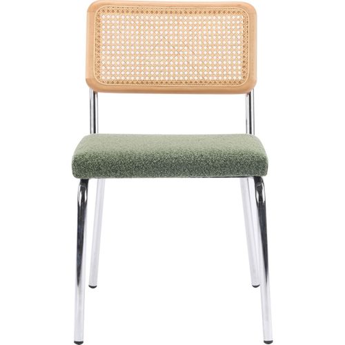 Lot De 2 Chaises En Métal Chromé, Cannage Naturel Et Tissu Bouclé Vert - Paula