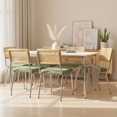 Lot De 2 Chaises En Métal Chromé, Cannage Naturel Et Tissu Bouclé Vert - Paula