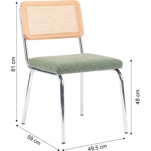 Lot De 2 Chaises En Métal Chromé, Cannage Naturel Et Tissu Bouclé Vert - Paula