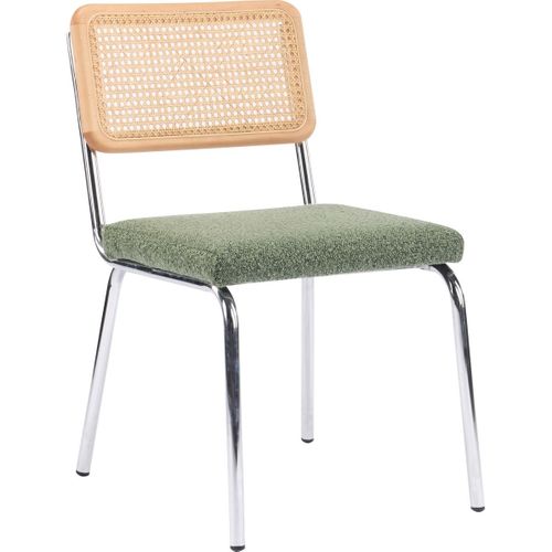 Lot De 2 Chaises En Métal Chromé, Cannage Naturel Et Tissu Bouclé Vert - Paula
