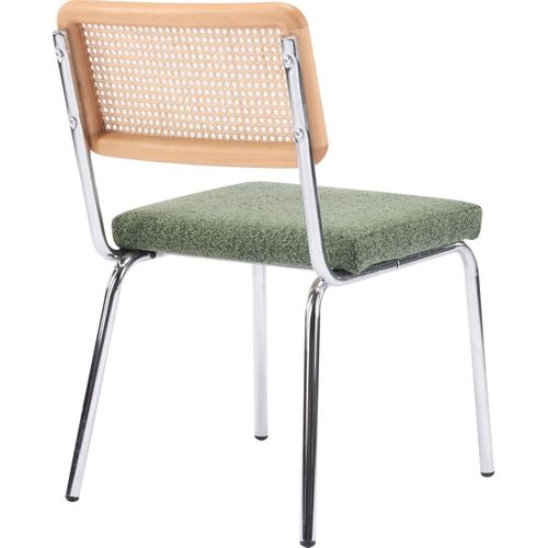Lot De 2 Chaises En Métal Chromé, Cannage Naturel Et Tissu Bouclé Vert - Paula