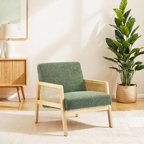 Fauteuil En Cannage Et Tissu Bouclé Vert - Mani