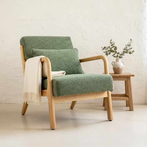 Fauteuil En Bois Et Tissu Bouclé Vert - Lanna