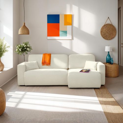 Canapé D'angle Réversible Convertible 4 Places Avec Coffre En Tissu Bouclé Beige - Davis