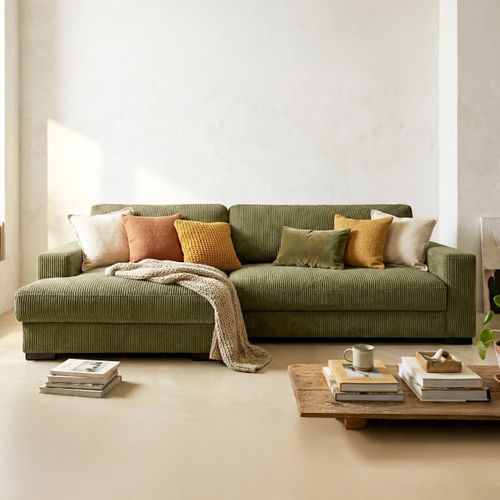 Canapé D'angle à Gauche Convertible 3 Places En Velours Côtelé Vert Kaki - Arty