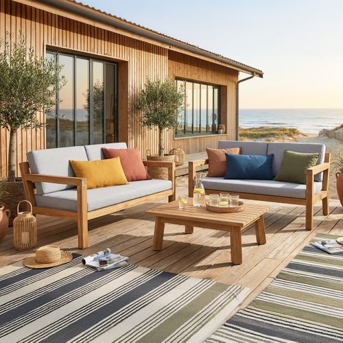 Salon De Jardin 4 Places En Bois Fsc - 2 Canapés 2 Pl. Et Table Basse - Palau