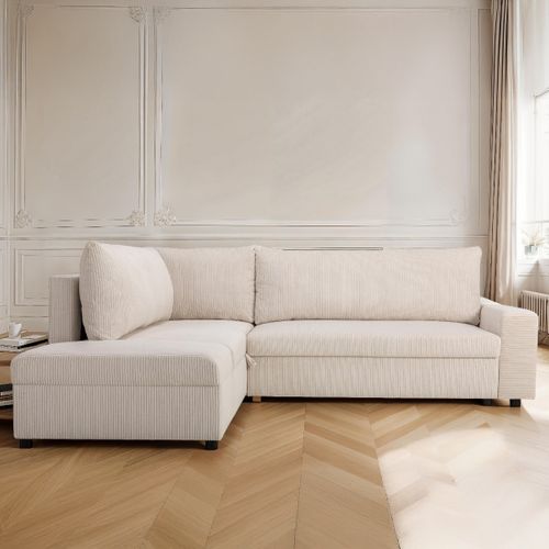 Canapé D'angle Convertible Réversible 4/5 Places En Velours Côtelé Beige - Malte