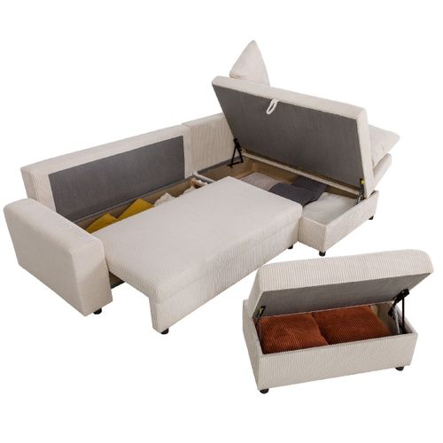 Canapé D'angle Convertible Réversible 4/5 Places En Velours Côtelé Beige - Malte