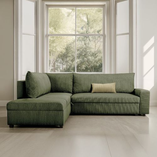 Canapé D'angle Convertible Réversible 4/5 Places En Velours Côtelé Vert Kaki - Malte