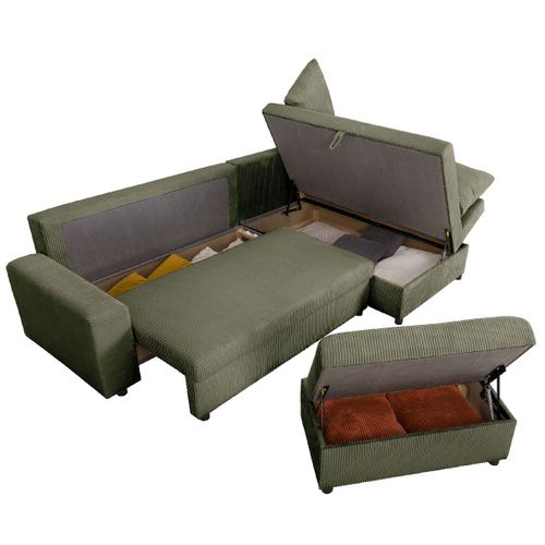 Canapé D'angle Convertible Réversible 4/5 Places En Velours Côtelé Vert Kaki - Malte