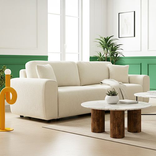 Canapé Convertible 3 Places En Velours Côtelé Beige - Grazia