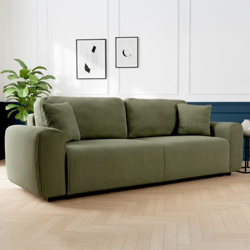 Canapé Convertible 3 Places En Velours Côtelé Vert Kaki - Grazia