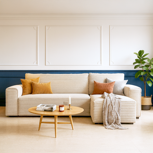 Canapé D'angle Convertible Réversible 3/4 Places En Velours Gros Côtelé Beige - Farrow