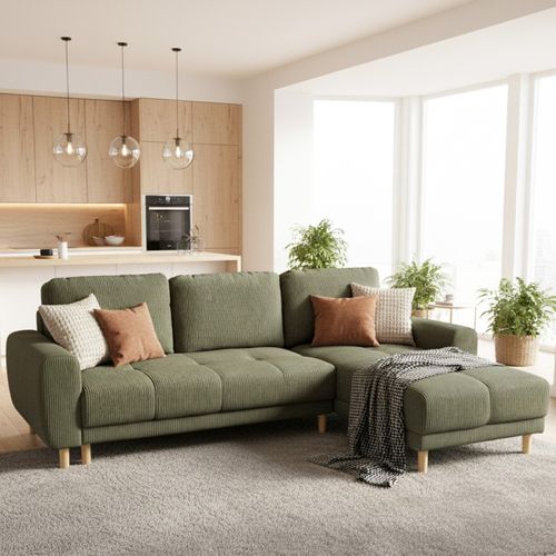 Canapé D'angle Convertible Réversible 3/4 Places En Velours Côtelé Vert Kaki - Alva