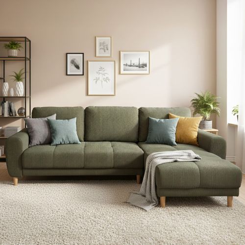 Canapé D'angle Convertible Réversible 3/4 Places En Velours Côtelé Vert Kaki - Alva