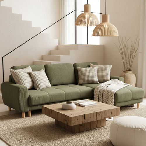 Canapé D'angle Convertible Réversible 3/4 Places En Velours Côtelé Vert Kaki - Alva