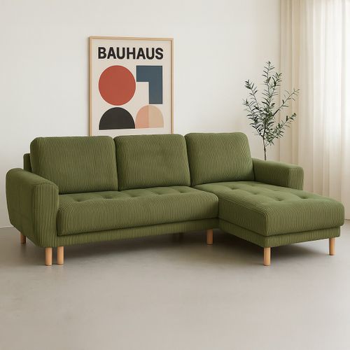 Canapé D'angle Convertible Réversible 3/4 Places En Velours Côtelé Vert Kaki - Alva