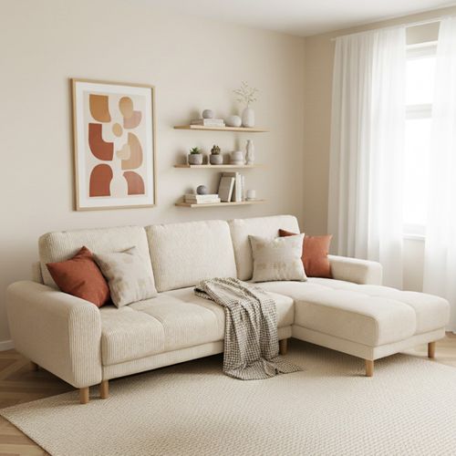 Canapé D'angle Convertible Réversible 3/4 Places En Velours Côtelé Beige - Alva