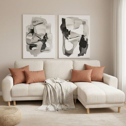 Canapé D'angle Convertible Réversible 3/4 Places En Velours Côtelé Beige - Alva