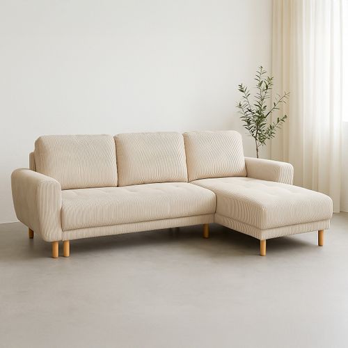 Canapé D'angle Convertible Réversible 3/4 Places En Velours Côtelé Beige - Alva