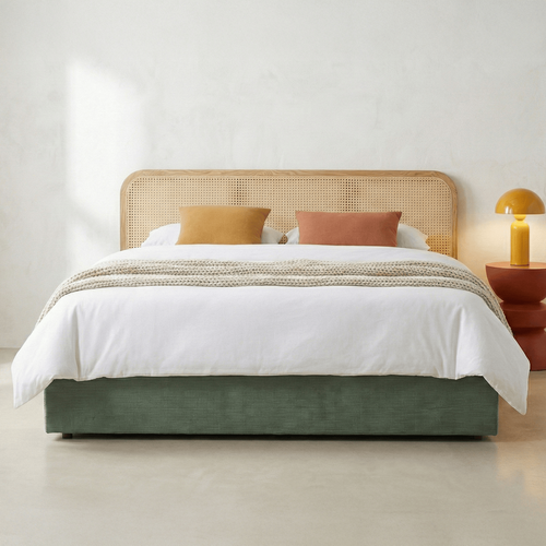Lit Coffre Adulte 180x200 Cm En Velours Côtelé Vert Kaki Avec Tête De Lit En Bois Et Cannage - Elsa