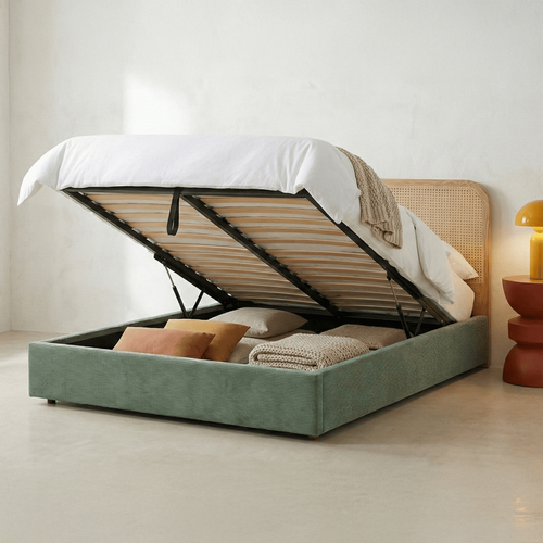 Lit Coffre Adulte 180x200 Cm En Velours Côtelé Vert Kaki Avec Tête De Lit En Bois Et Cannage - Elsa