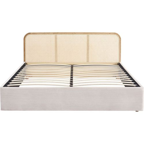 Lit Coffre Adulte 180x200 Cm En Velours Côtelé Beige Avec Tête De Lit En Bois Et Cannage - Elsa