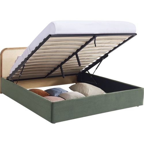 Lit Coffre Adulte 160x200 Cm En Velours Côtelé Vert Kaki Avec Tête De Lit En Bois Et Cannage - Elsa