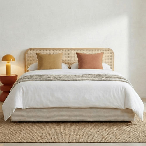 Lit Coffre Adulte 160x200 Cm En Velours Côtelé Beige Avec Tête De Lit En Bois Et Cannage - Elsa