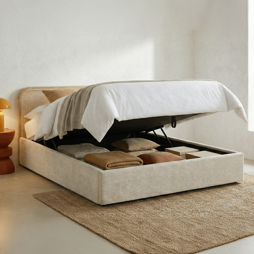 Lit Coffre Adulte 160x200 Cm En Velours Côtelé Beige Avec Tête De Lit En Bois Et Cannage - Elsa