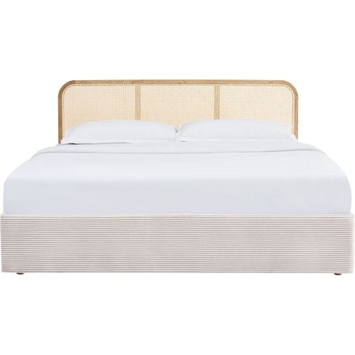 Lit Coffre Adulte 160x200 Cm En Velours Côtelé Beige Avec Tête De Lit En Bois Et Cannage - Elsa
