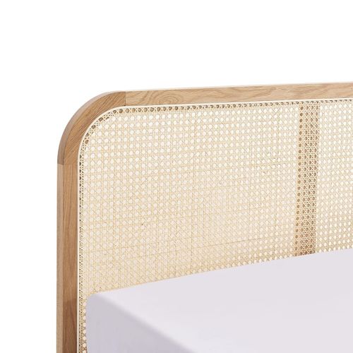 Lit Coffre Adulte 160x200 Cm En Velours Côtelé Beige Avec Tête De Lit En Bois Et Cannage - Elsa