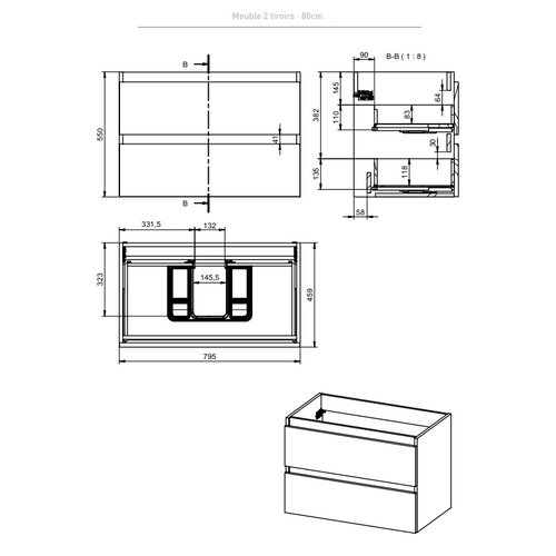 Meuble De Salle De Bain Box  Gris Brillant 80cm