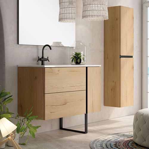 Ensemble Meuble Vasque Black Onix Sur Pied Couleur Chêne 100cm