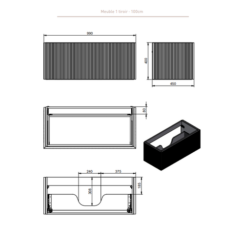 Ensemble Meuble Bari + Vasque Céramique Flat - 100cm Quarzo