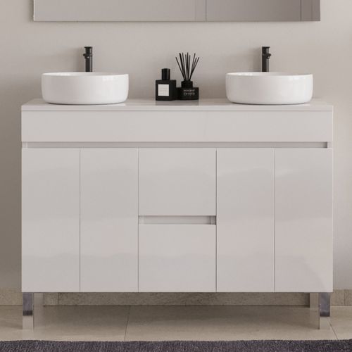 Meuble De Salle De Bain 120cm Sur Pieds Avec Plateau Et Cuves - Blanc - Haro