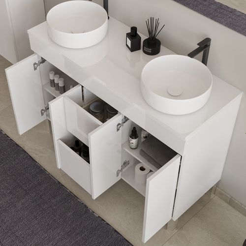 Meuble De Salle De Bain 120cm Sur Pieds Avec Plateau Et Cuves - Blanc - Haro